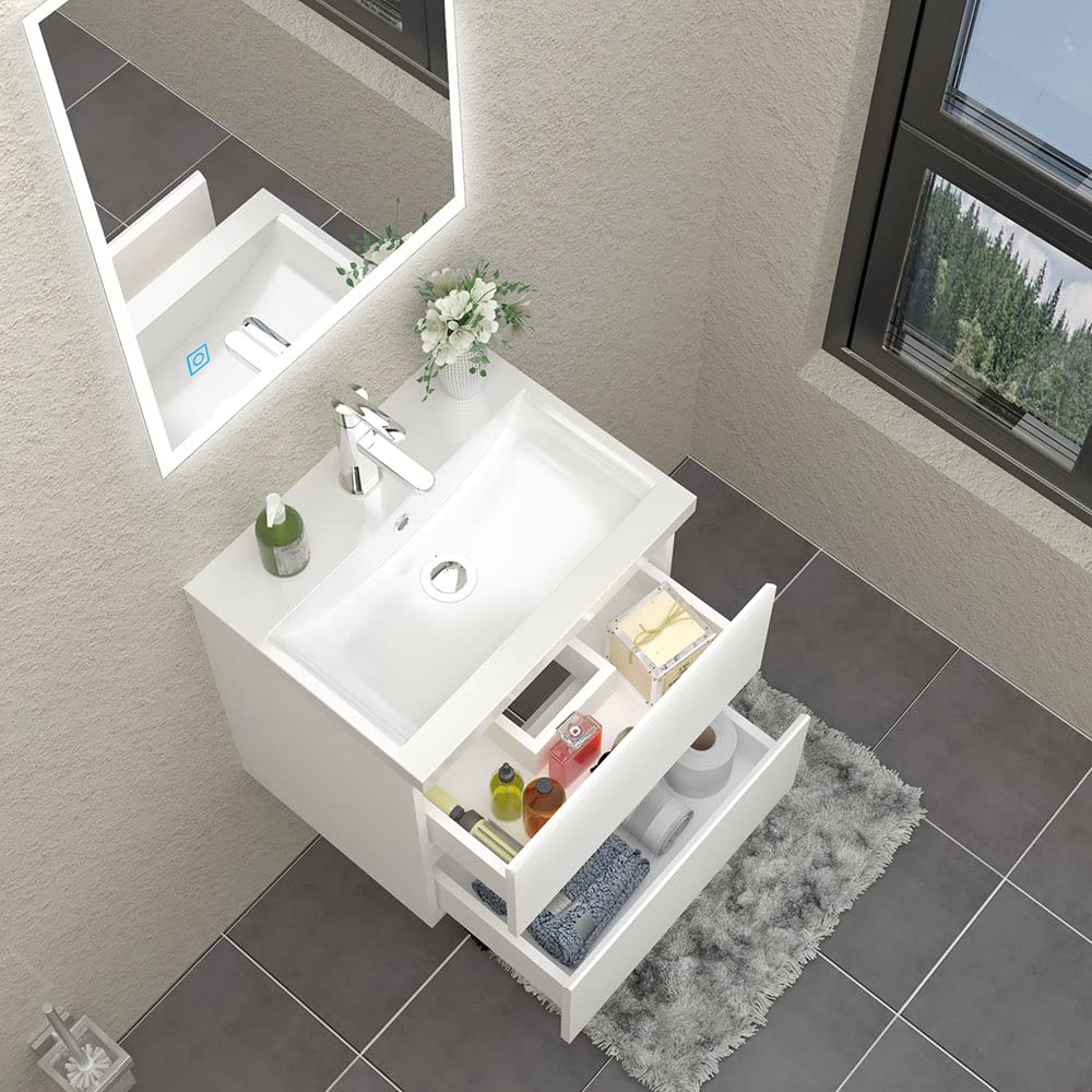 Waschbecken mit Unterschrank Badezimmer 50 cm Breit Badmöbel Set mit Waschbecken und 2 Soft-Close Schubladen Waschtisch Unterschrank Weiss für Badezimmer Hängend