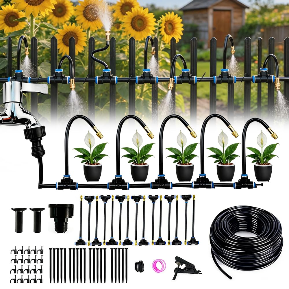 Wxeadu 15M /50ft Irrigation System Kit, 360° Adjustable Garden Watering System, Automatic Drip Irrigation Kits, Drip Irrigation System with Bendable Misting Nozzles for Garden, Yard, Lawn, Greenhouse