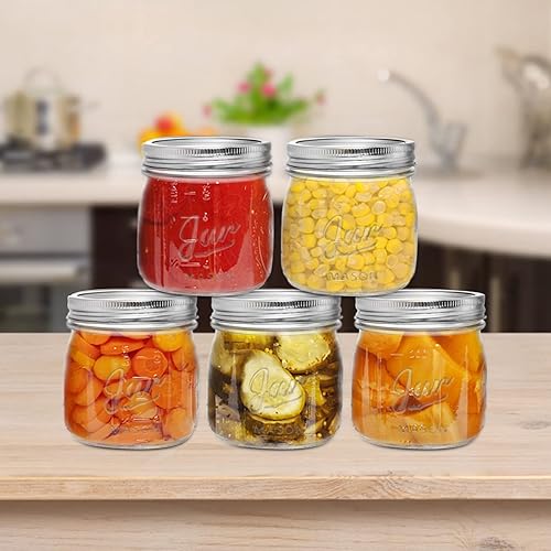 Miniatura 7 de Lyellfe Paquete de 12 tarros Mason de boca ancha, tarro corto de vidrio de 16 onzas con tapas herméticas, tarro de especias de mermelada seguro para