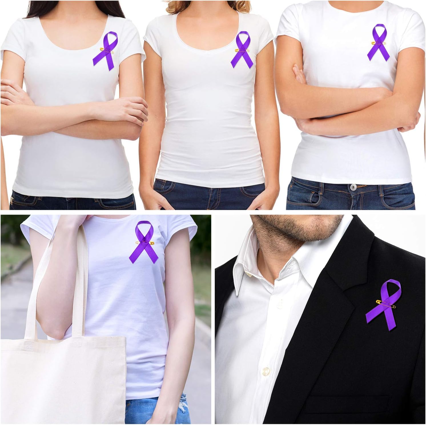 600 Pieces Purple Awareness Ribbon Pins Purple Satin Ribbon Lapel Pins for Domestic Violence Lupus Overdose Pancreatic Cancer Alzheimer's Awareness