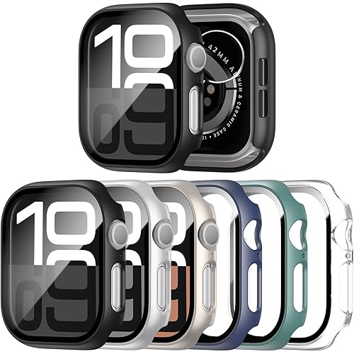 6 Pack Case with Tempered Glass Screen Protector for Apple Watch Series 11 Series 10 46mm, Ultra-Thin Scratch Resistant Full Protective Hard PC Bumper Cover for Apple Watch 46mm