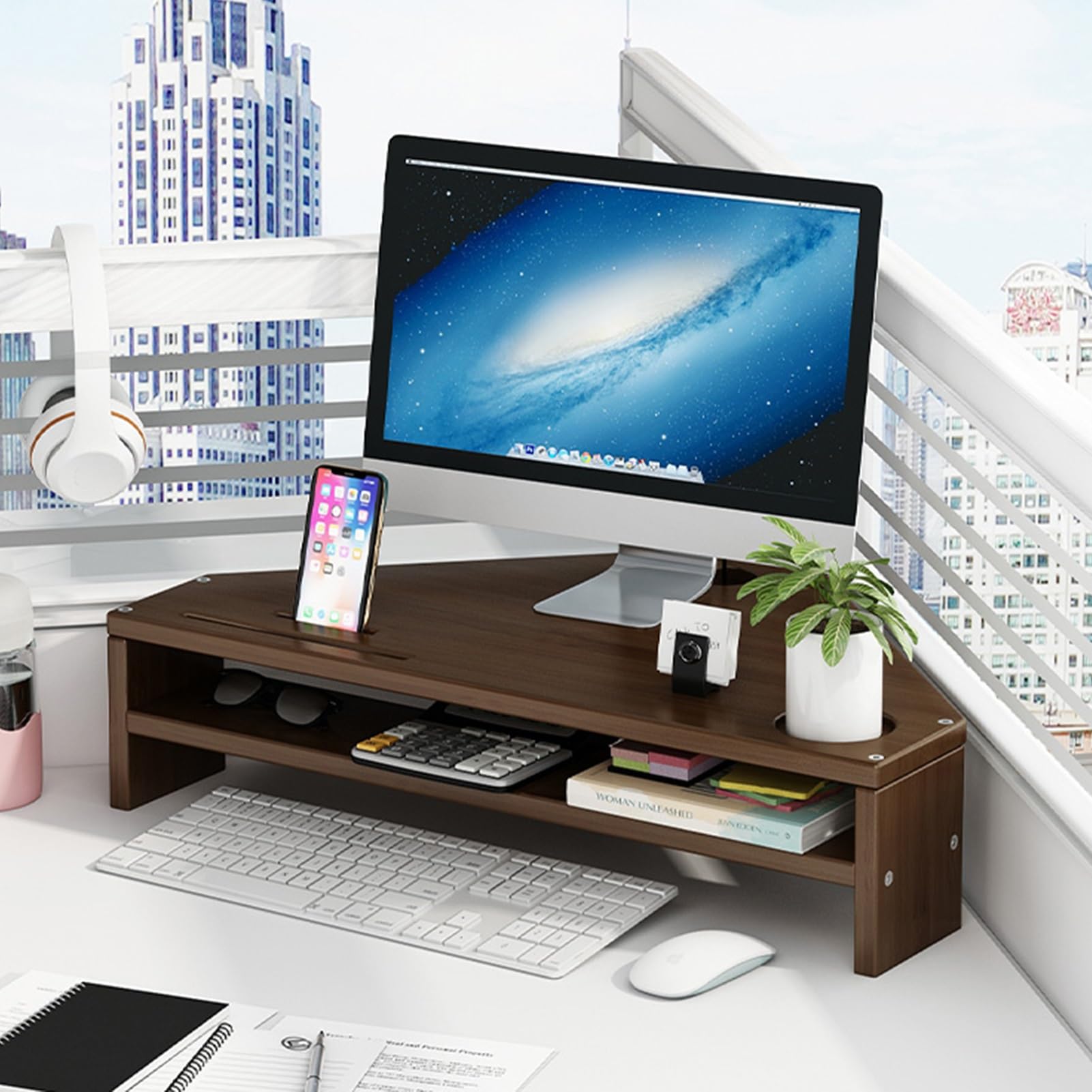SDGcfgjW corner desks， Desktop Organizer Computer Monitor Stand Triangle Desk Riser Double-layer, Corner Shelf(Brown)