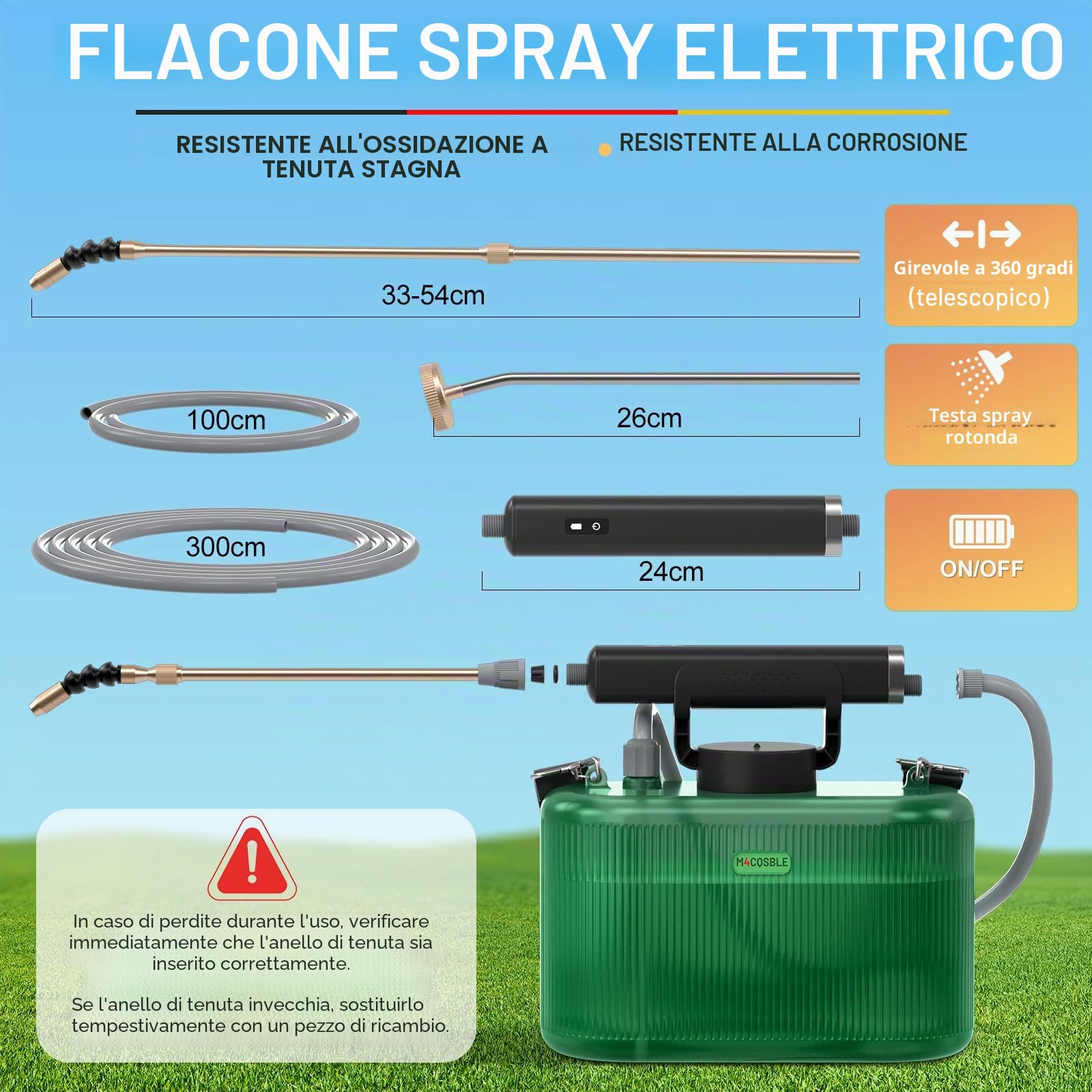 Pompa Irroratrice a Batteria 5L con Lancia Telescopica in Rame a 2 Modalità + Lancia in Acciaio Inox, 2 Ugelli, Tubo 1+3m, Batteria 2200mAh, Ricarica USB-C, Nebulizzatore Giardino Portatile (5L)