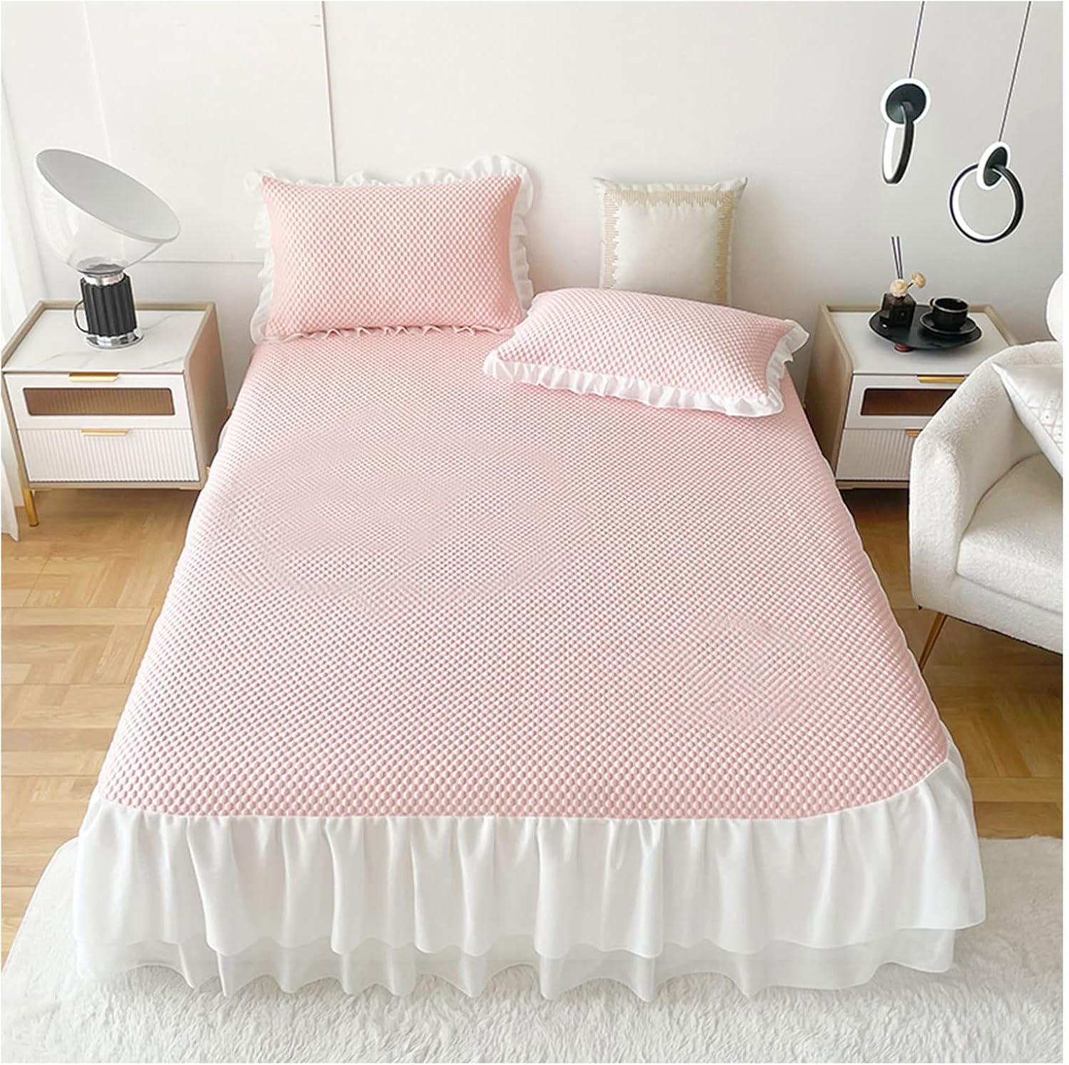Summer Cooling Mat with Pillowcase Lace Bed Skirt Ice Silk Mat Sleeping Pad Foldable Washable Mattress Protector for Home School Dormitory (3 Pack) 1.8m (1.8m)