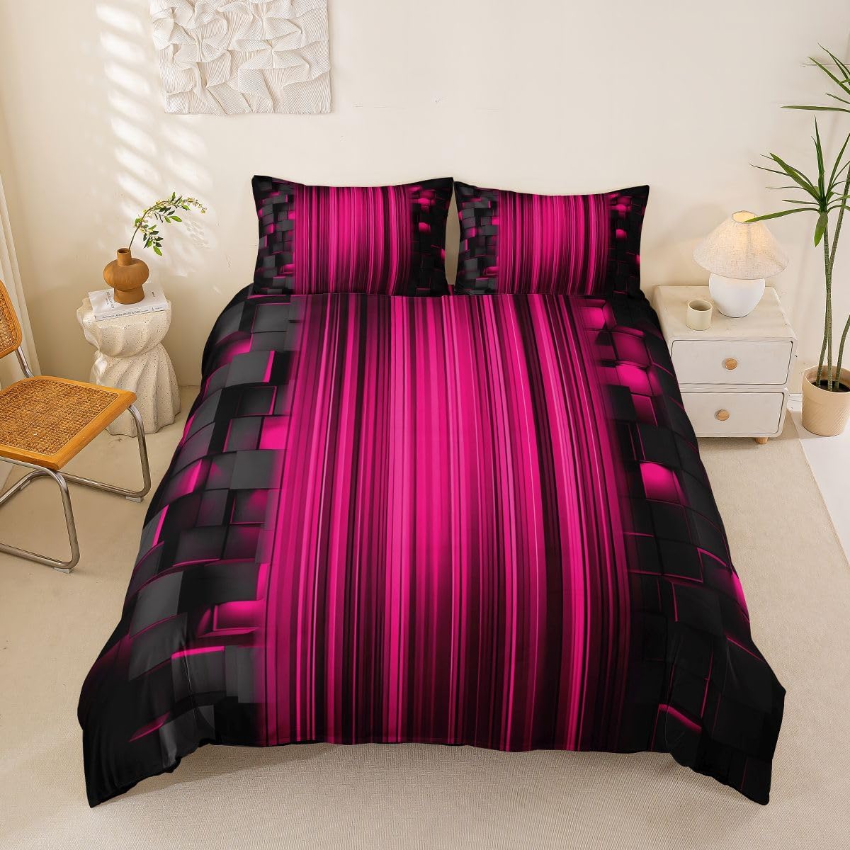 Feelyou Red Duvet Cover Toddler Size Geometric Bedding Set for Boys Girls Modern Abstract Art Comforter Cover Luxury Bedroom Decor 2Pcs Strip Lines