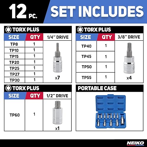 Miniatura 5 de Neiko Juego de llaves Torx Plus estándar 10086A  12 piezas  TP8  TP60  Estrella de 6 puntos  Acero Cr-V y S2  Caja moldeada por soplado ABS de alto