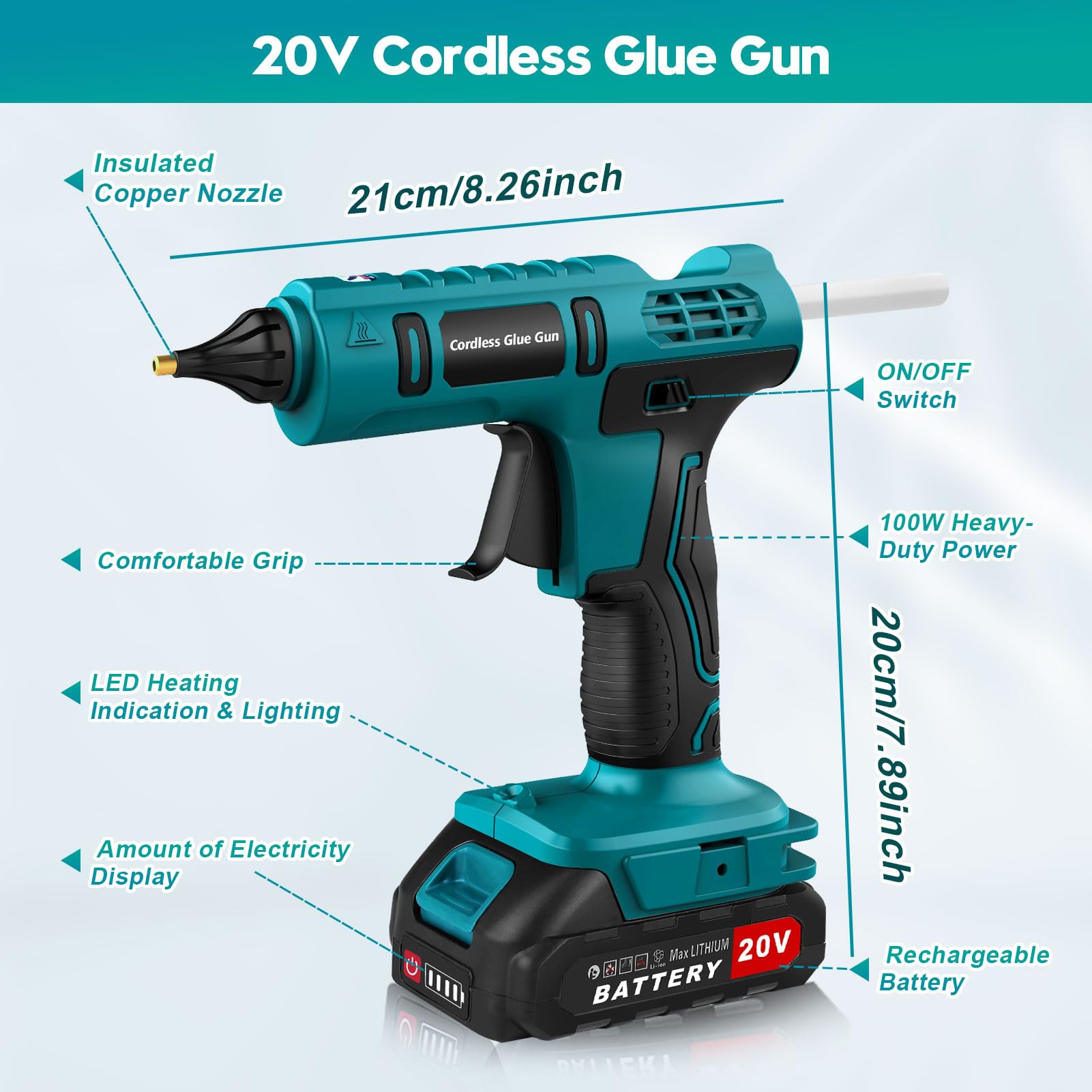 100W Cordless Hot Glue Gun Kit 20V Battery Powered(Battery Included), Wireless Glue Gun Rechargeable with Stand, Heavy Duty Hot Glue Gun with 12pcs 0.43'' Full Size Hot Glue Gun Stick for Craft & DIY
