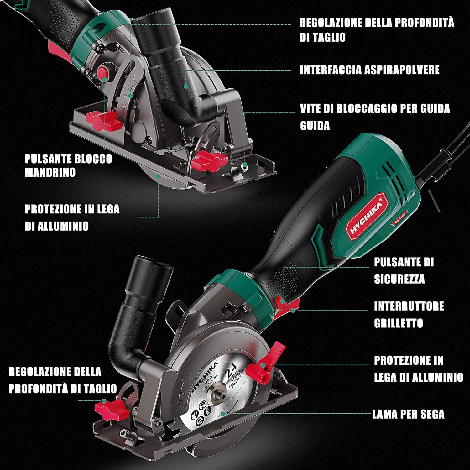 HYCHIKA Mini Sega Circolare 750W 3500RPM, Sega Compatta con 3 Lame (24T/60T/9T) per Legno, Metallo e Piastrelle, Taglio Inclinato 45°/90° (Profondità Max 48mm), Fai da Te