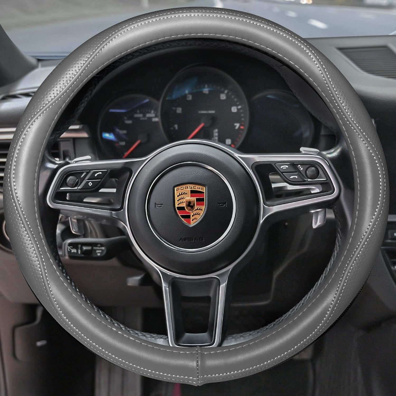 HAOKAY Top Grade Gray Genuine Leather Steering Wheel Cover Men Women, Luxury Steering Wheel Cover for Cars, SUVS and Trucks, Universal 14.5-15 inch