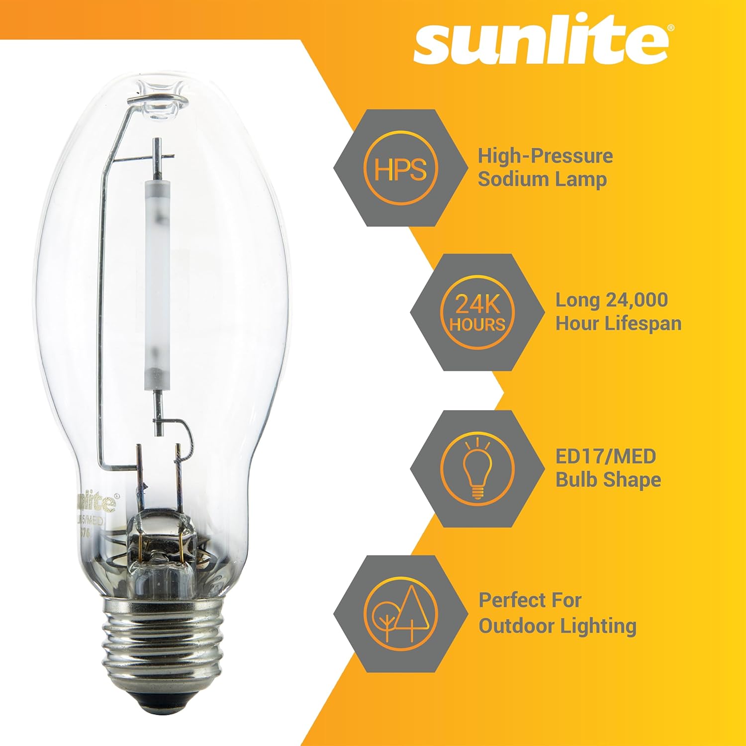 Sunlite Bulb, 50 Watts, ED17/MED, Medium Base (E26), ANSI Code S68, 3600 Lumen, 24000 Life Hours, Clear,