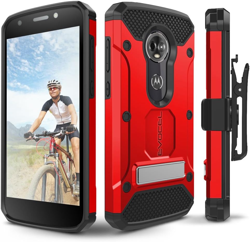 Moto E5 Plus / E5 Supra Case, Evocel [Explorer Series Pro] Premium Full Body Case with Glass Screen Protector, Belt Clip, & Metal Kickstand for Motorola Moto E5 Supra/Moto E5 Plus, Red