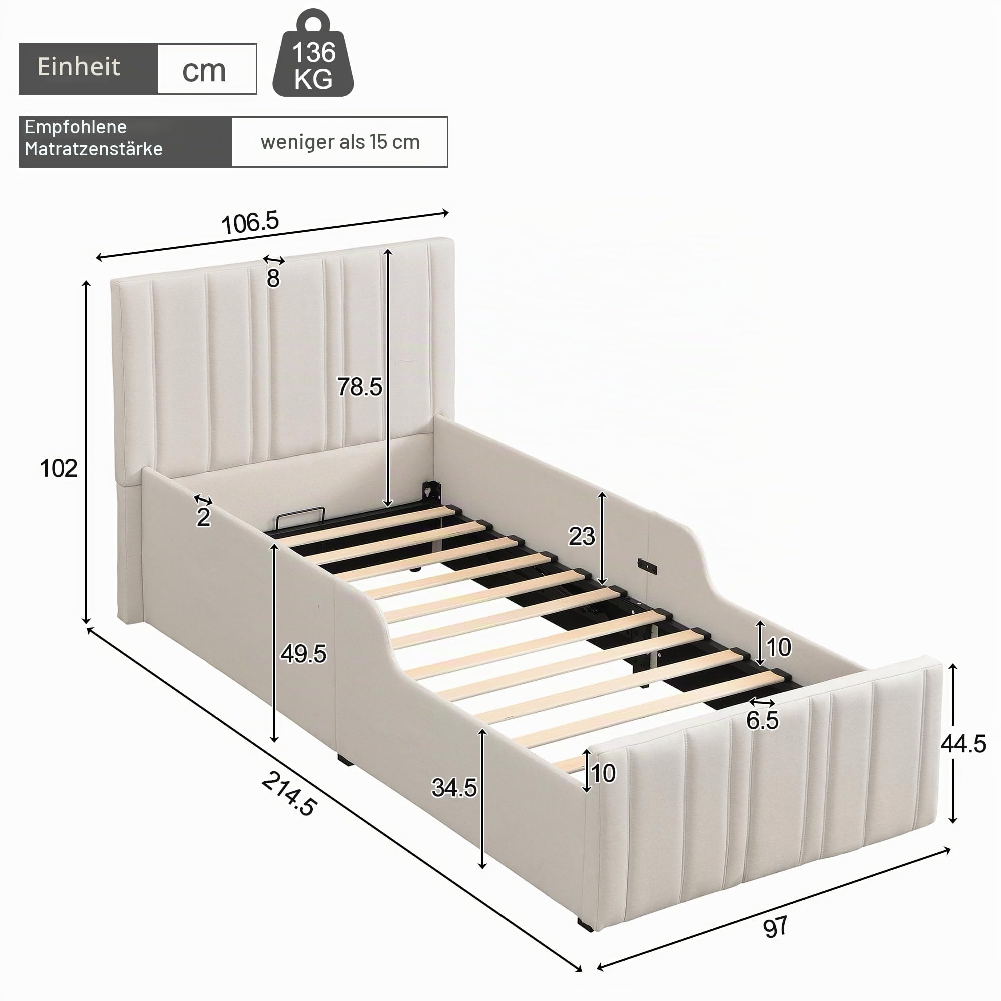 Merax Kinder Bett Polsterbett 90x200 cm Kinderbett mit hydraulischem Stauraum, Jugendbett Stauraumbett Einzelbett aus Leinenstoff mit gepolstertem Kopfteil & Armlehnen & Lattenrost, Beige