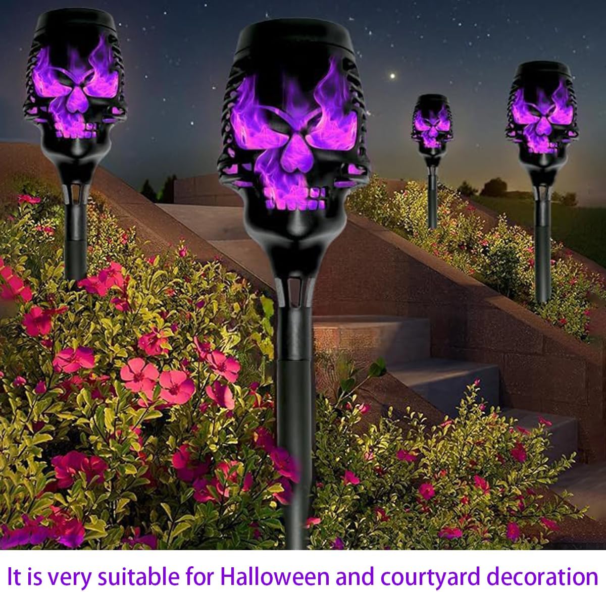 16 Pcs Halloween Solar Flame Lamps, LED Solar Flame Lamps, Dancing and Flickering Flame Torch Lamps, Outdoor Courtyard Waterproof Skull Decoration Lamps (Purple)