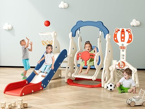 Miniatura 11 de Juego de tobogán para niños pequeños, 4 en 1, mejora con tobogán para niños, columpio, aro de baloncesto y espacio de almacenamiento para niños de 1