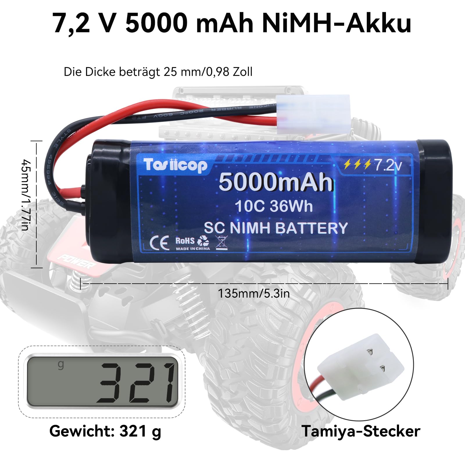 Batteria RC NiMH 7,2 V 5000 mAh – 7,2 Volt RC Auto Batterie compatibili con spina Tamiya Telecomando Auto Batteria per Remote Control Car Camion Monster Trucks Boot Buggy Aeroplane 2 pezzi