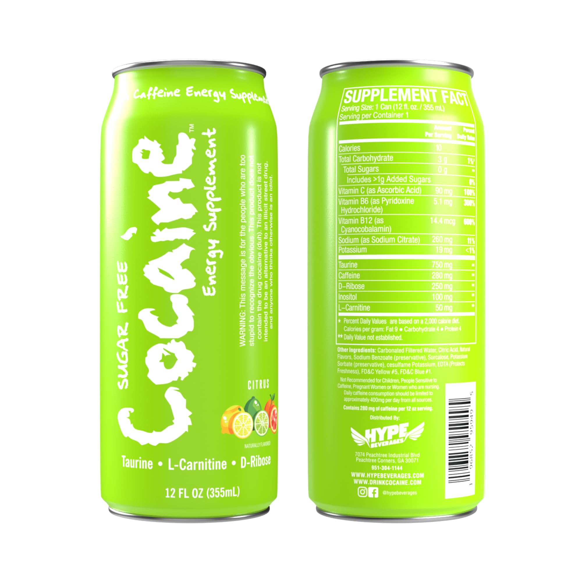 Cocaine Energy Supplement 280mg Caffeine Energy Drink Sparkling Citrus, Sugar Free - Energy Boost with Healthy Energy Drinks with Vitamin C, B6, B12 & Antioxidants (12 Fl Oz, Pack of 12)