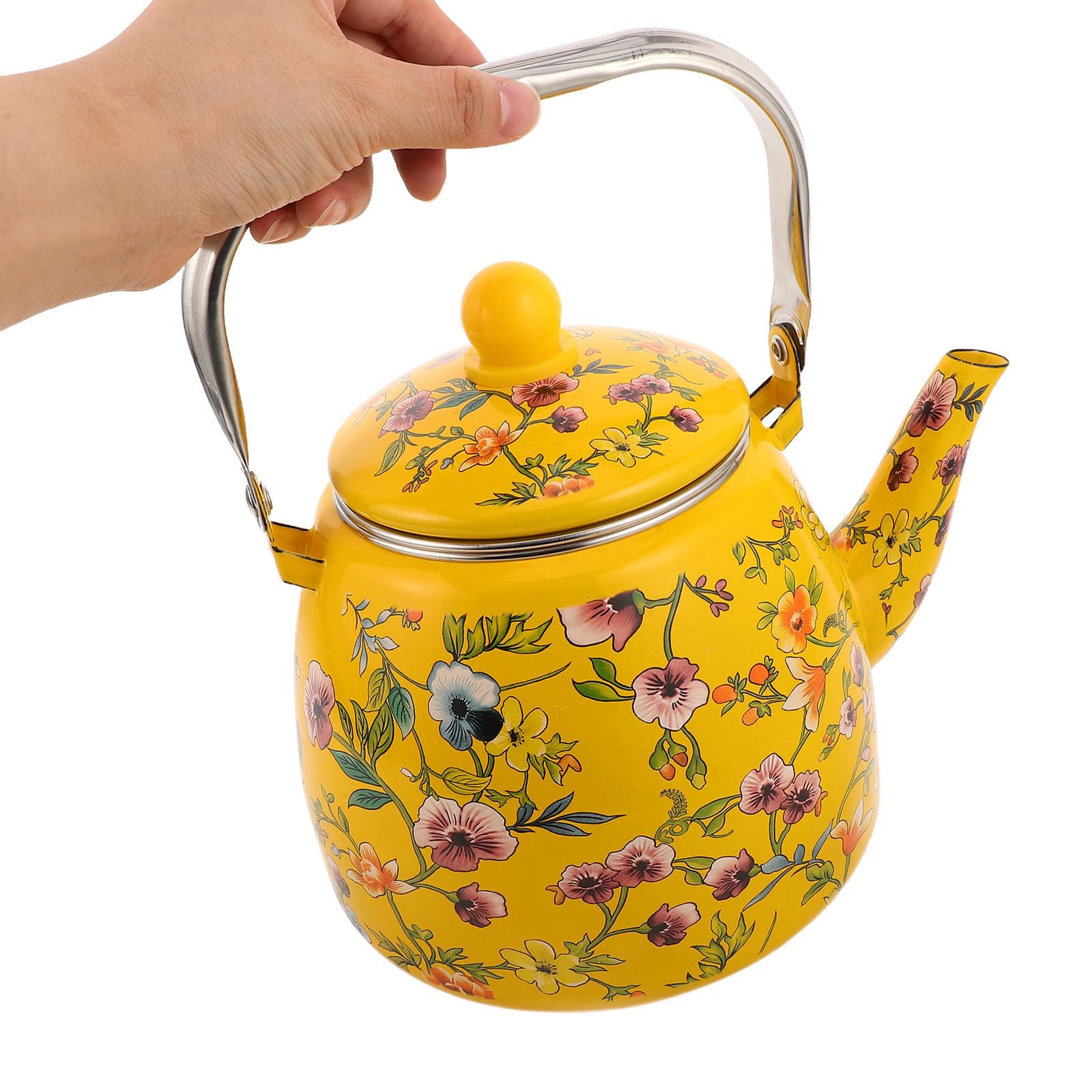 Tetera de Esmalte Grueso con Base Plana y Capacidad de 3.3l, Diseño Retro con Patrón Floral, Mango Antideslizante Adecuado para Cocina y Oficina