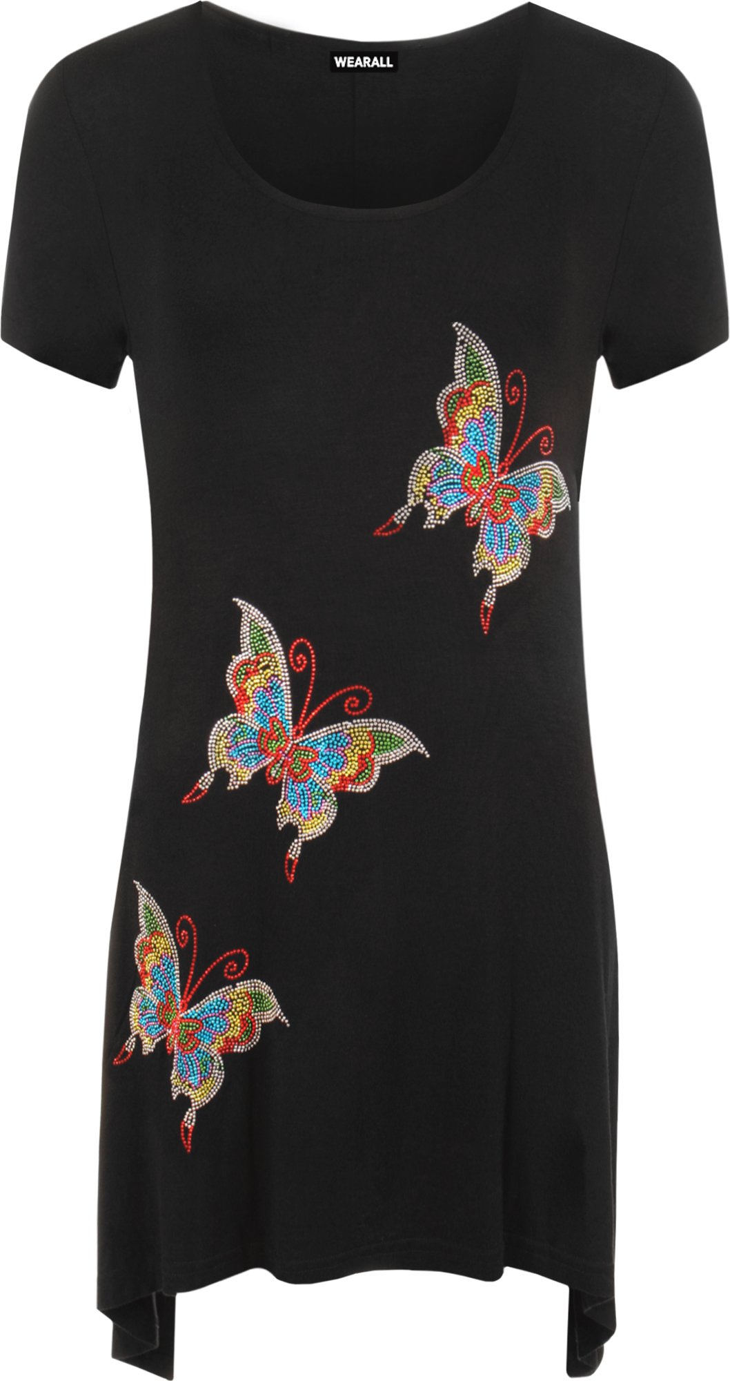 WearAll Women's Butterfly Sequin Stud Long Swing Hanky Hem Short Sleeve Top - Black - 14