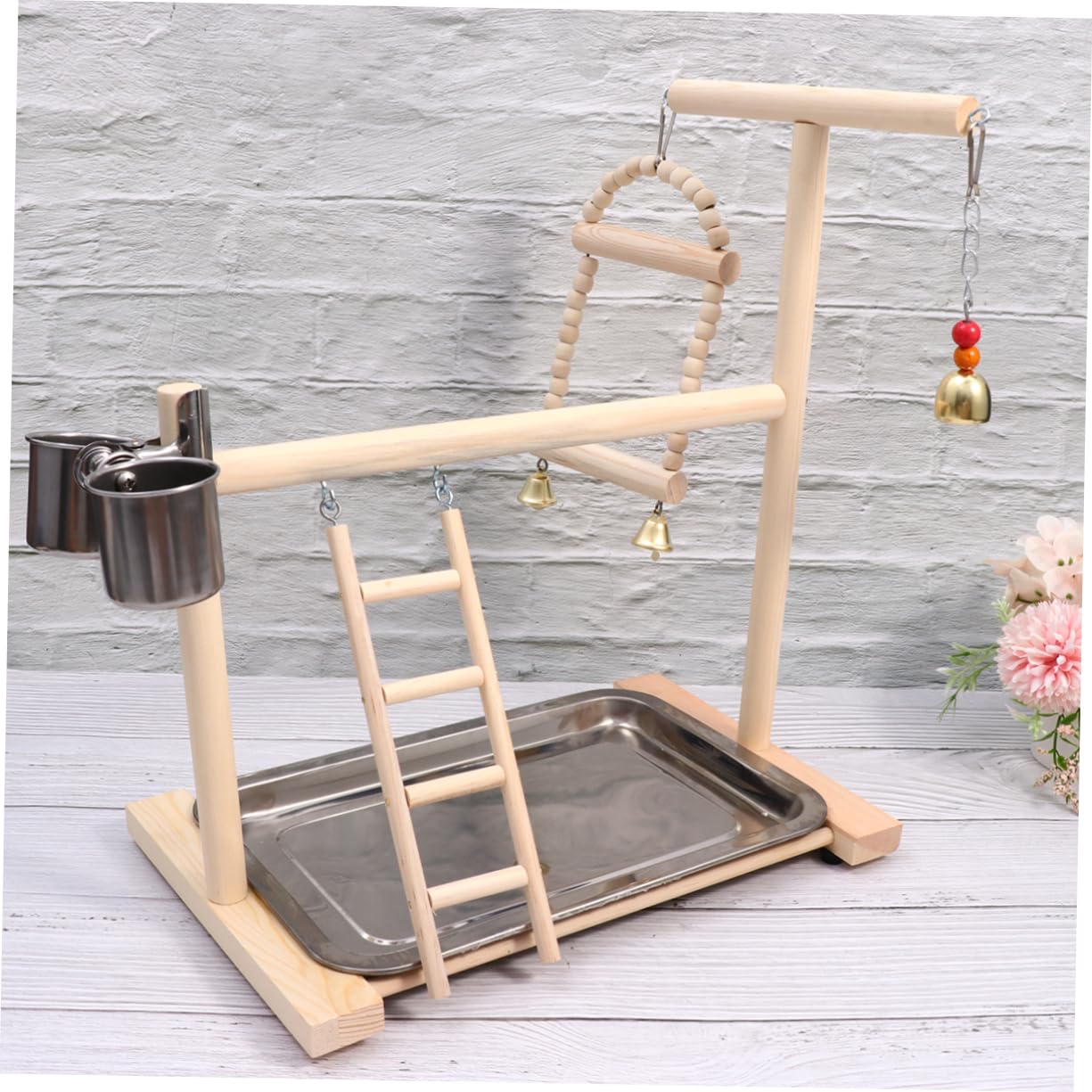 Hemobllo Vogelspielzeug Papageienspielplatz mit Holz und Edelstahl Schaukel und Leiter für Käfig und Garten Wellensittiche Zubehör Käfig Zufällige Farbe