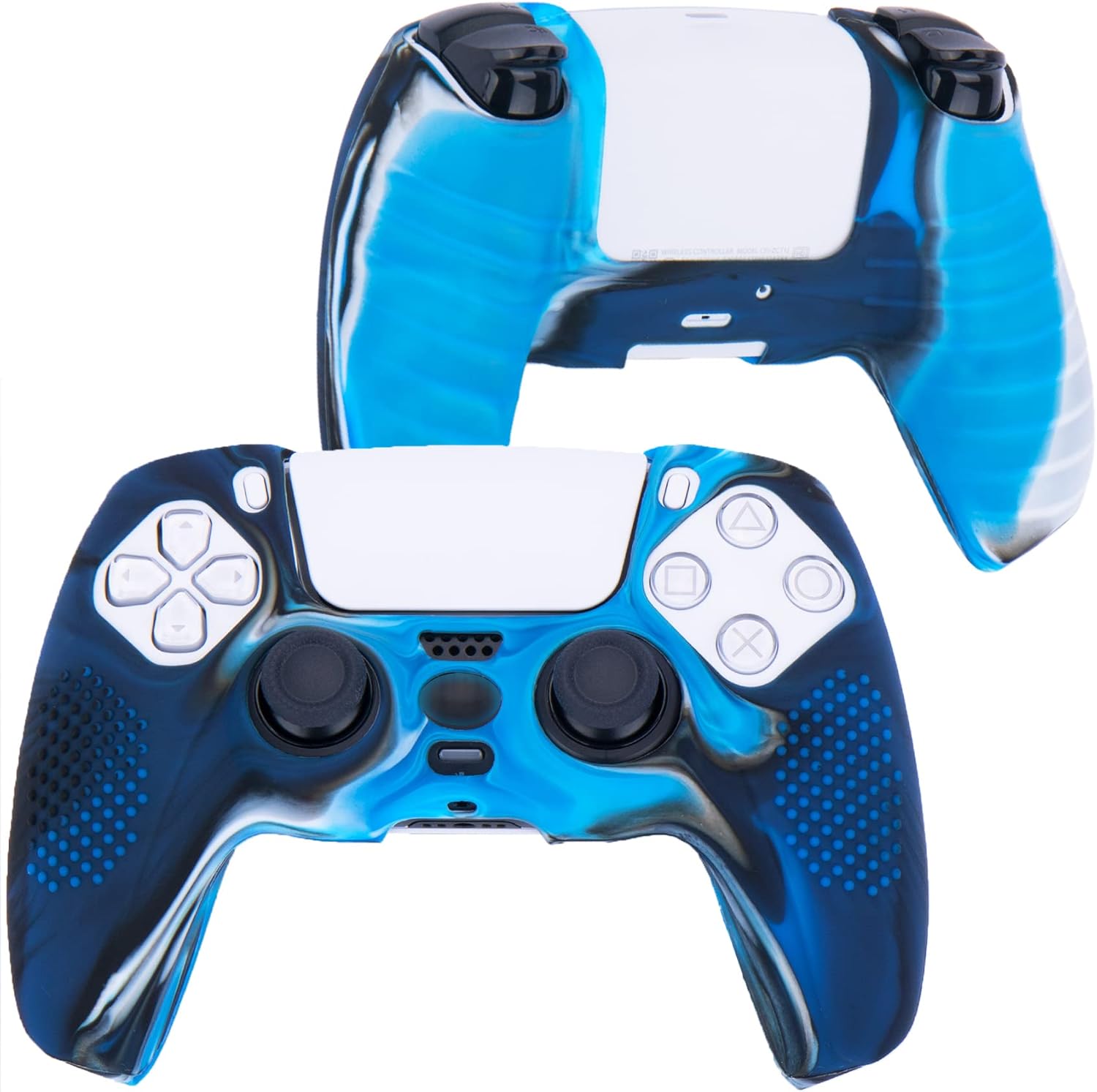 Studded Silicone Cover Skin Case for PS5 Controller x 2(Black+Camouflage Blue) with Pro Thumb Grips x 10 - Image 2