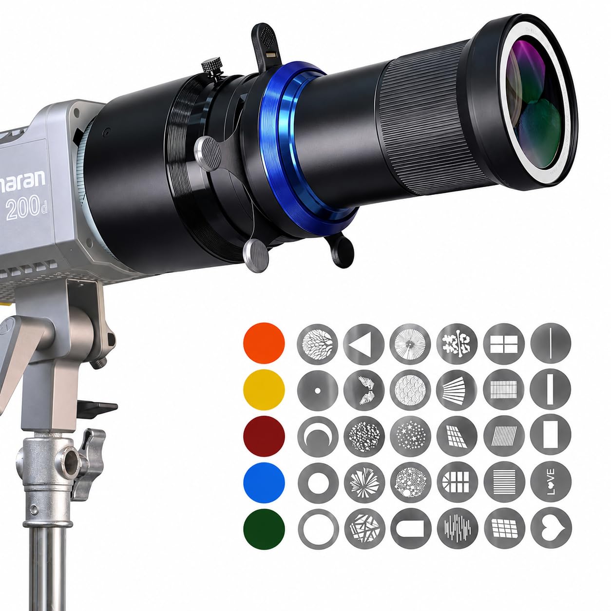 Bowens-Mount-Snoot-Spotlight-GOBO-Projektor mit 4-Lamellen-Abschirmklappe, für Aputure Amaran 60D/100D/200D, Godox SL60/100/150/200/300, 30 Gobos & 5 Farbfilter (MAX)
