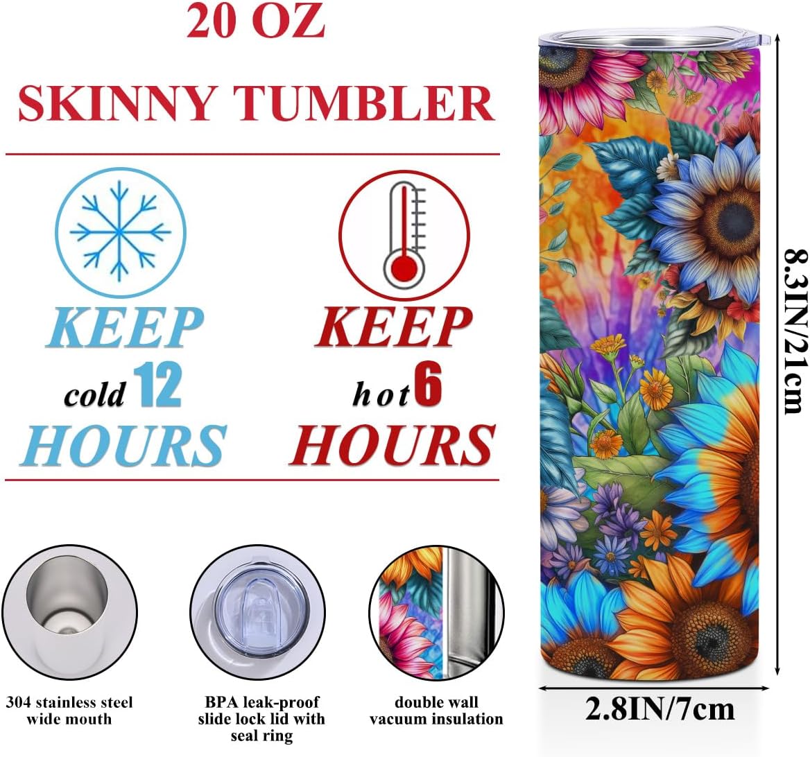 Sunflowers 20 oz Skinny Tumbler Stainless Steel Slim Insulated Tumblers Straight Tumbler Cups Coffee Mug Thermal Travel Cup with Lid, Christmas Birthday Sunflower Gifts for Women Bestie Coworker - Image 2