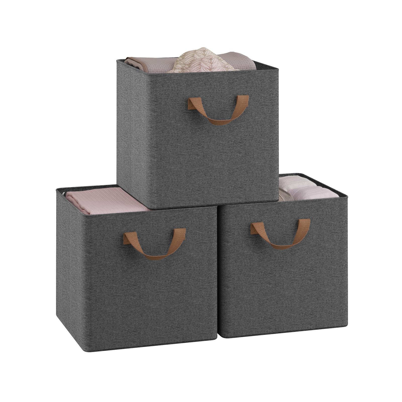 WOLTU Fabric Storage Boxes Set of 3, Collapsible Cube Baskets with Handles and Metal Frame, Wardrobe Organisers for Bedroom, Living Room, Study, Linen, Grey, 29x29x28cm — image 1