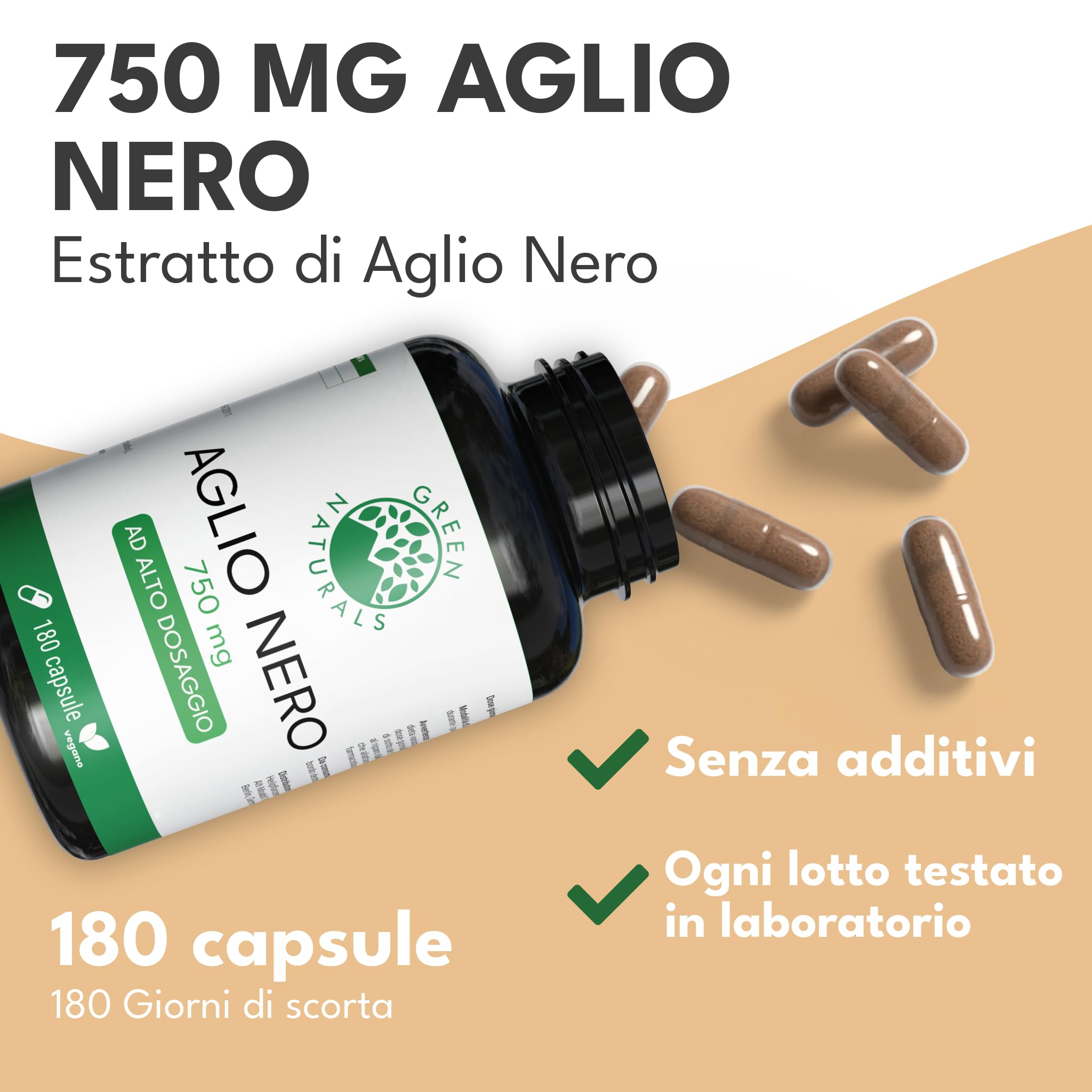 Green Naturals® Aglio Nero – Alto dosaggio 750 mg (estratto 15:1) – Equivalente a 11.250 mg per dose giornaliera – Black Garlic – 180 capsule