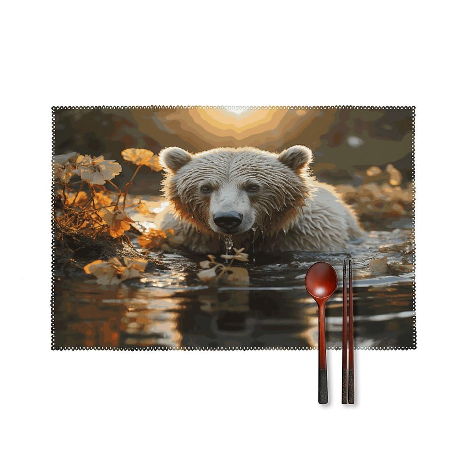 Bear Crossing The River Placemats Set of 4 Heat Resistant Non-Slip Place Mats for Dining Table Washable Placemat Wipeable Dining Table Mat Canvas Place Mats Dining Table Decor