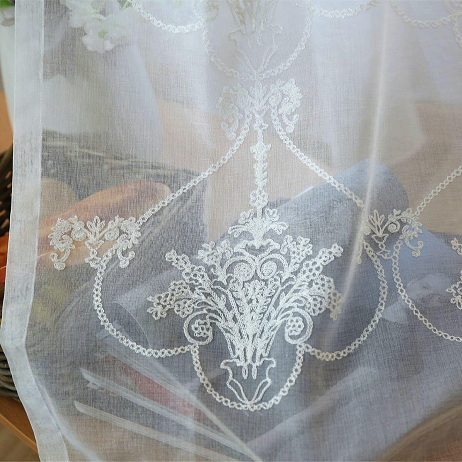 Fenster Voile Vorhänge mit Ösen 183 Lang, Polyesterleinen Vorhänge Blumen Bestickt 2 Stück Weiß für Schlafzimmer, H183 x B102 cm