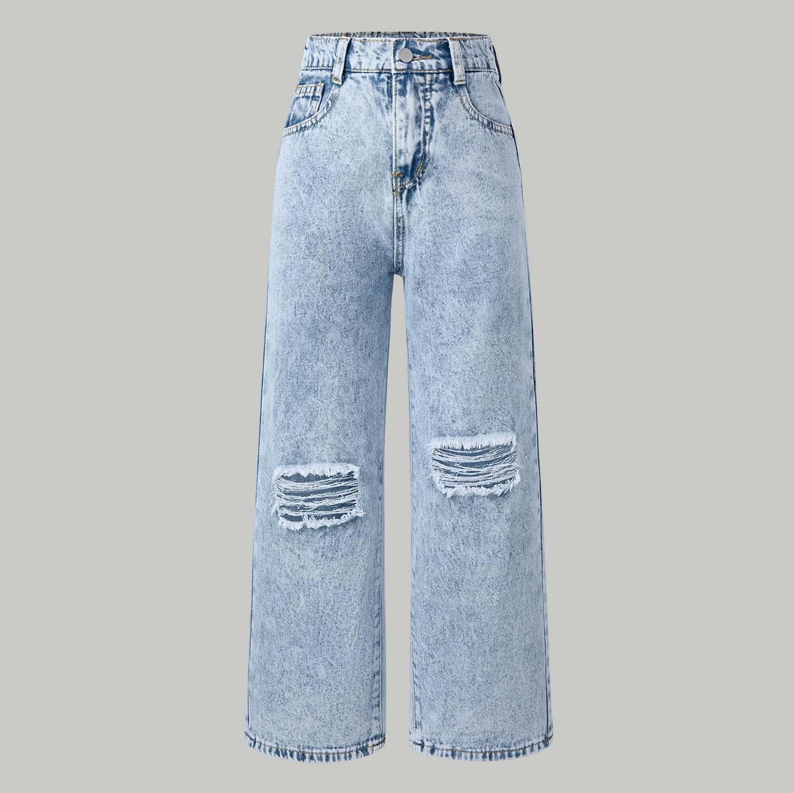 Jeans Larghi-Jeans A Gamba Larga Effetto Fiocco di Neve per Ragazze Adolescenti, Comodi Pantaloni in Denim Elasticizzato con Dettagli Strappati E vestibilità Svasata