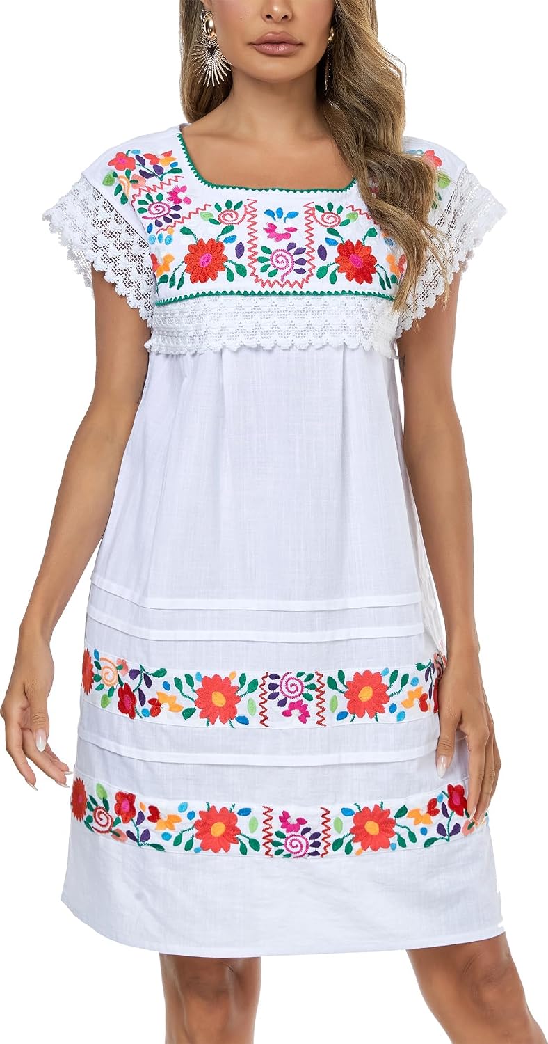 YZXDORWJ Women Embroidered Mexican Peasent Lace Short Sleeves Dress