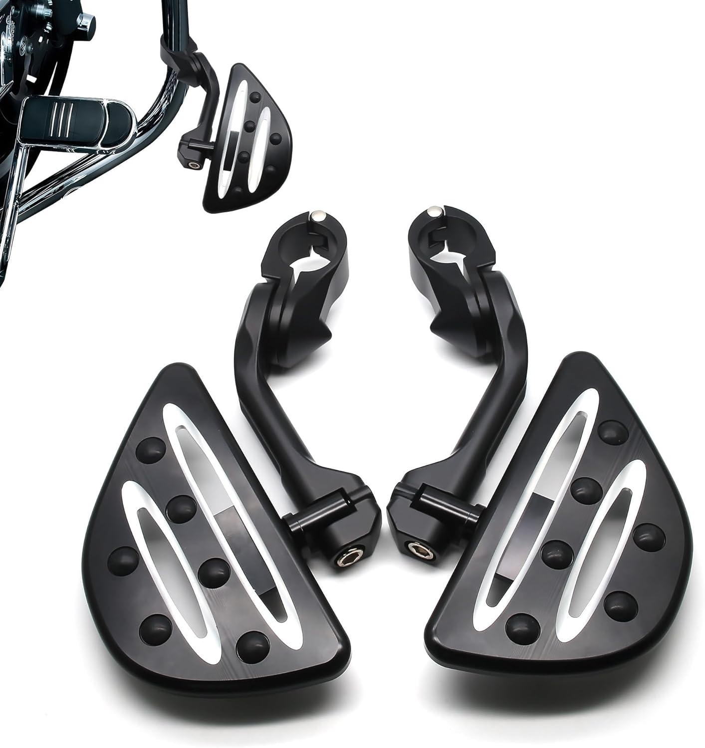 MZS Motorcycle Highway Pegs, 1.25" Long Angled Adjustable Touring Wide Foot Peg Mount Black Compatible with Softail Sportster Electra Road Glide Road King Street Glide for 1 1/4 Engine Guards Bar