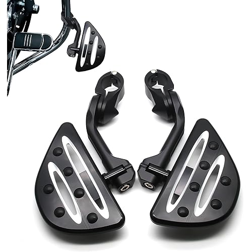 MZS Motorcycle Highway Pegs, 1.25" Long Angled Adjustable Touring Wide Foot Peg Mount Black Compatible with Softail Sportster Electra Road Glide Road King Street Glide for 1 1/4 Engine Guards Bar
