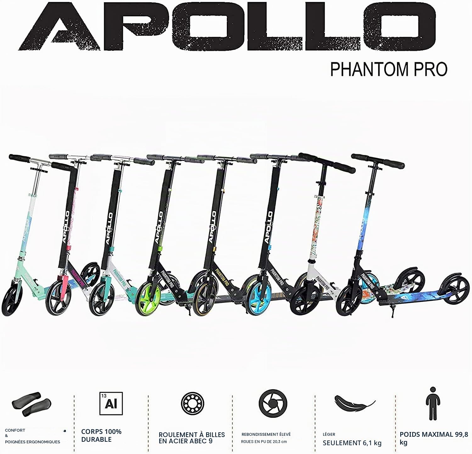Apollo Trotinette aux Roues XXL - 200mm - Trotinette Freestyle de Ville Phantom Pro - City Scooter Pliable et à Hauteur Ajustable pour Adultes et Enfants