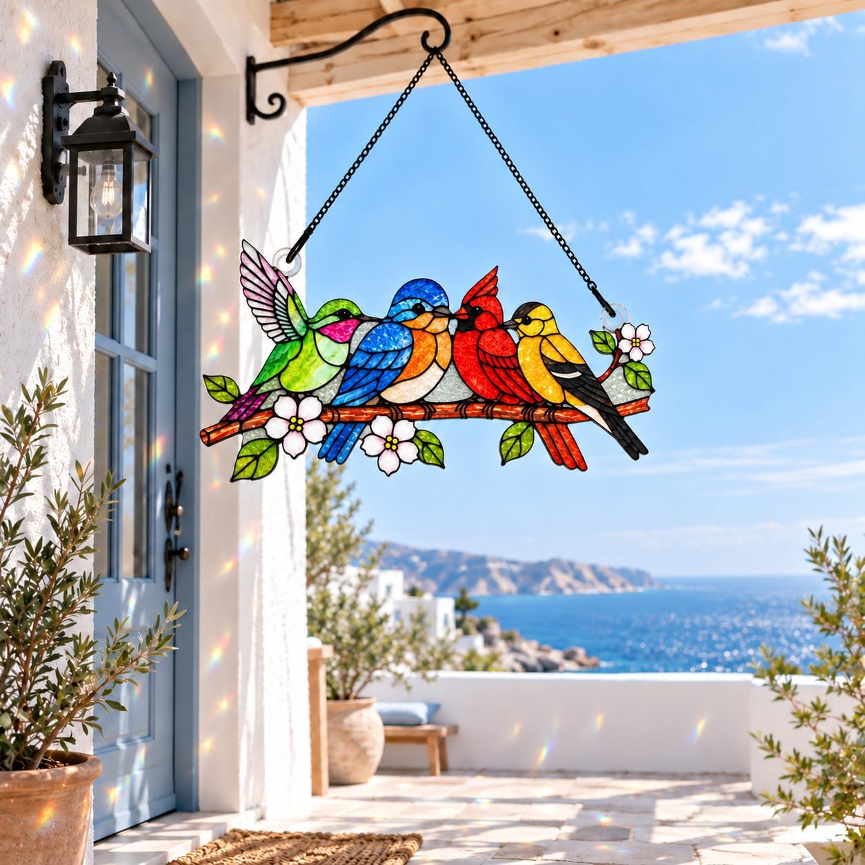 Birds on Branch Stained Glass Suncatcher Window Hanging, Cardinal Hummingbird Decor, Bird Lover Gift for Women Mom Grandma, Christmas Birthday Housewarming Gift
