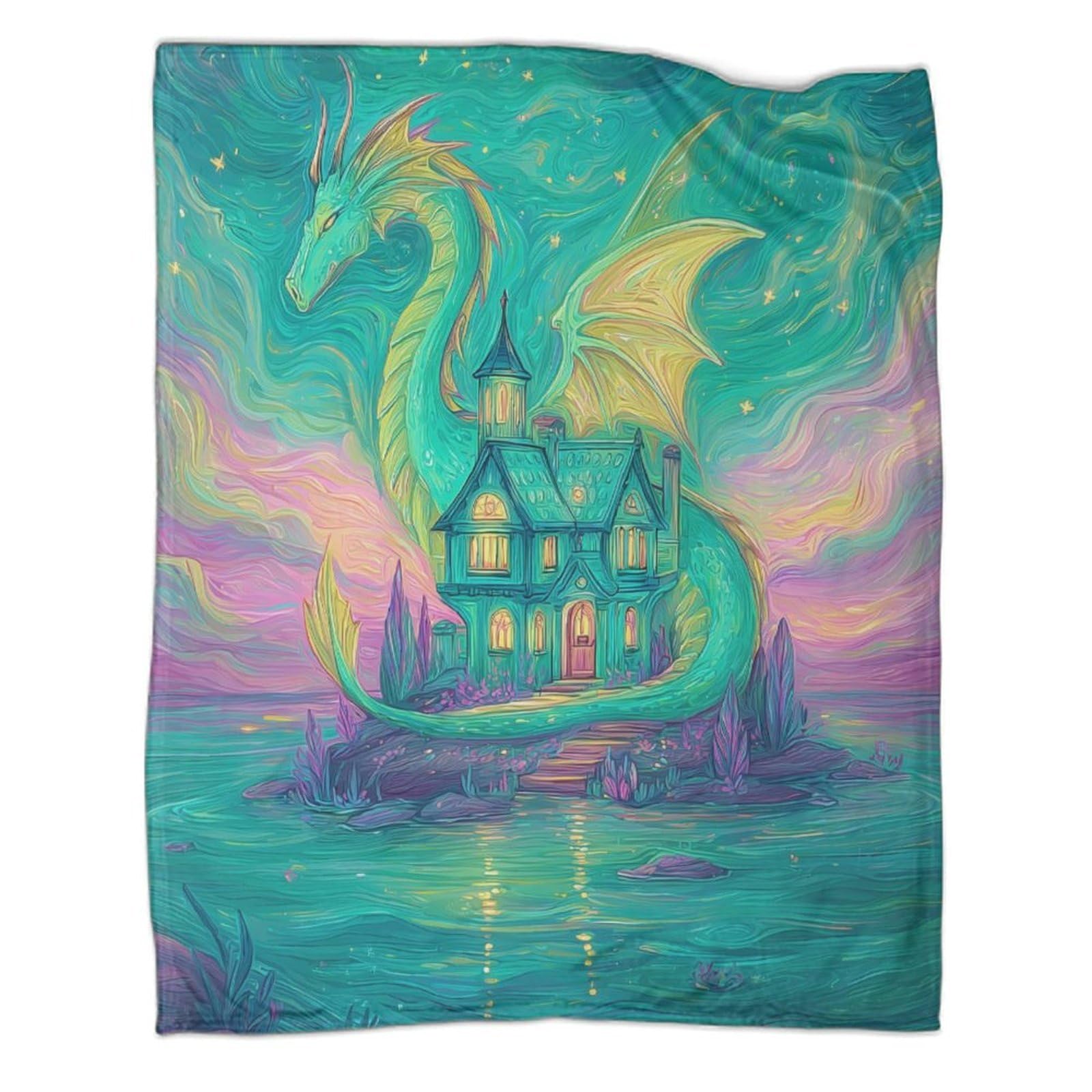 kaiyun A House on The Island, Surrounded by Dragons Patterned Throw Warm for Camping Outdoor Lightweight for Sofa Bed 80x90inch(200x230cm)