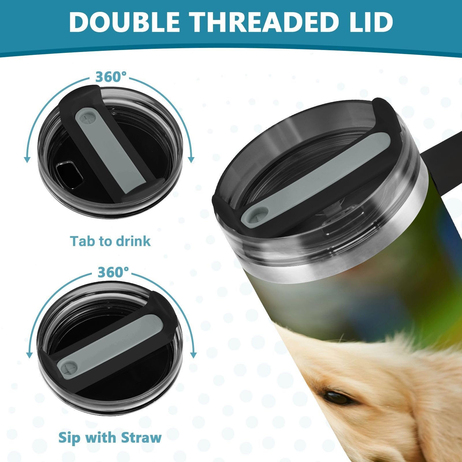 Isolierter Trinkbecher, niedlicher Golden Retriever-Hund, doppelwandig, Edelstahl, Wasserflasche, Kaffeetasse, Reisebecher mit Griff, Strohhalm-Deckel
