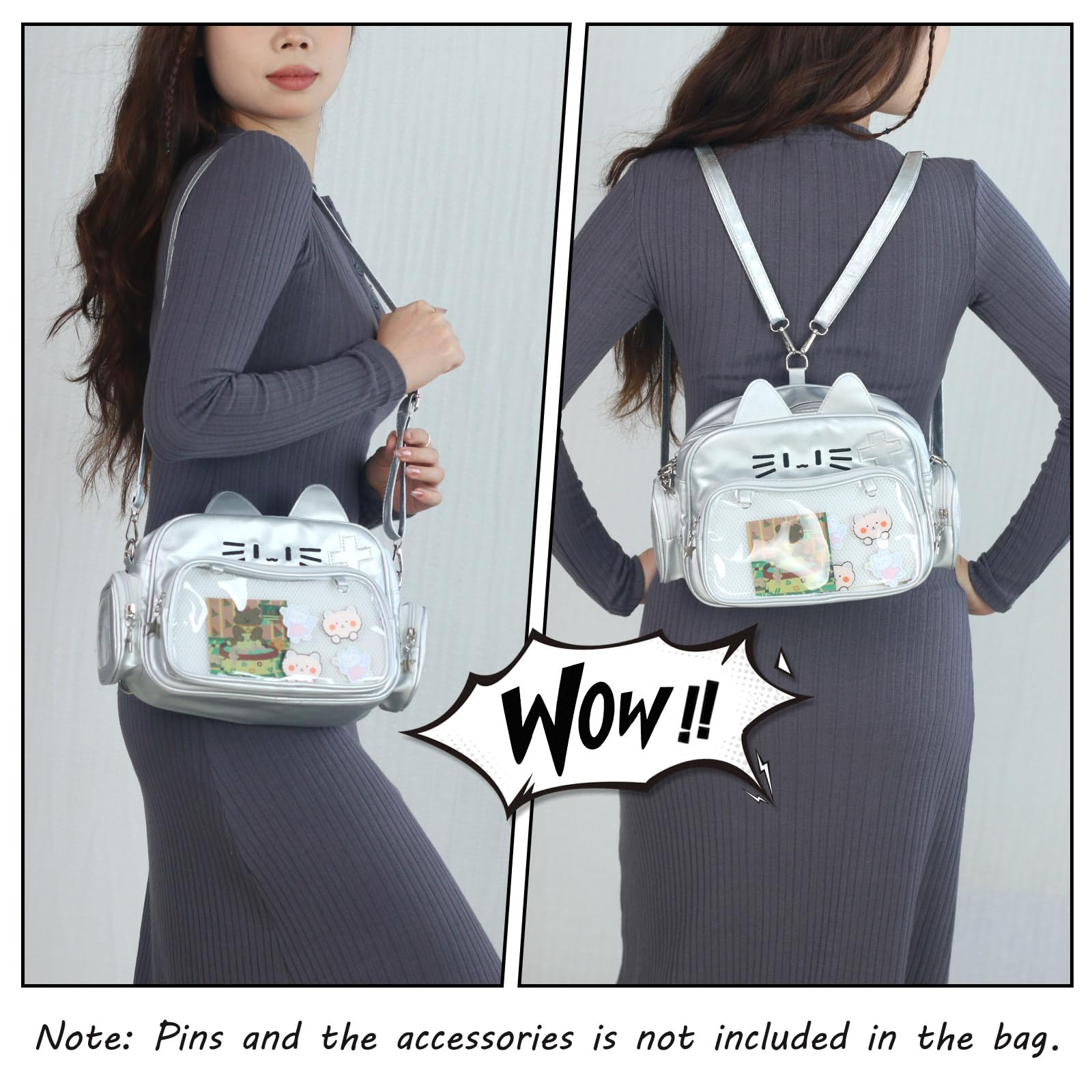 Sac à dos Ita Kawaii,Sac à Bandoulière en Forme de Chat Mignon Polyvalent avec Présentoir à épingles et Insert