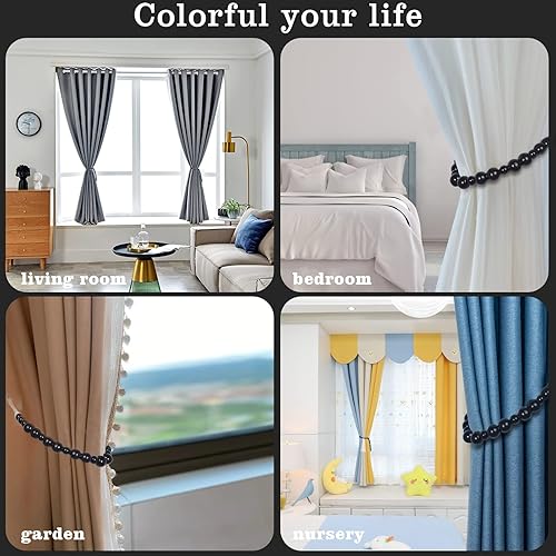 Miniatura 6 de Hion 4 alzapaños de cortina bohemios, con cuentas de madera, alzapaños para cortinas de granja al aire libre, soportes de cortina para cortinas,