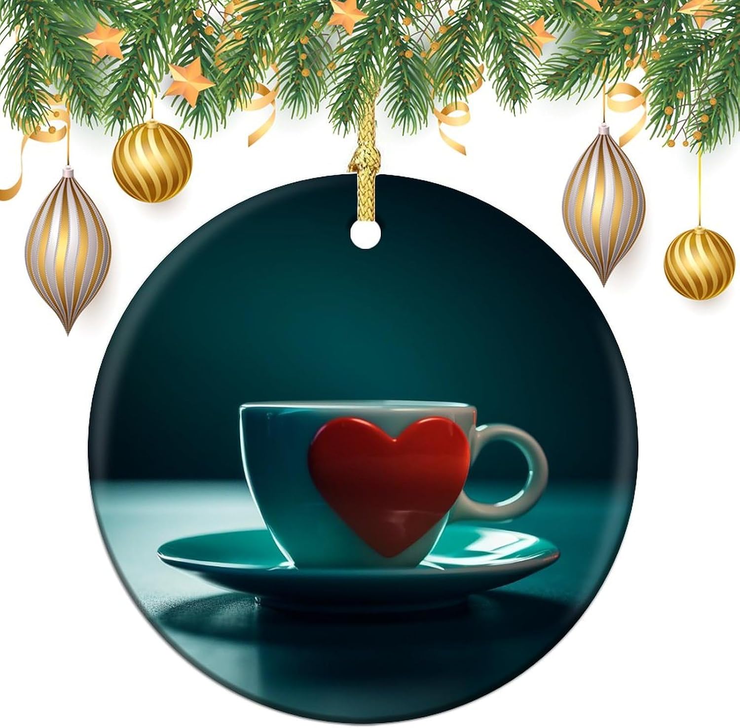 Christmas Ornaments Coffee Cup Ceramic Ornament Crafts Hanging Souvenir Round Hanging Pendant Ornaments for Xmas Holiday Party Christmas Tree Decorations 4 Pcs