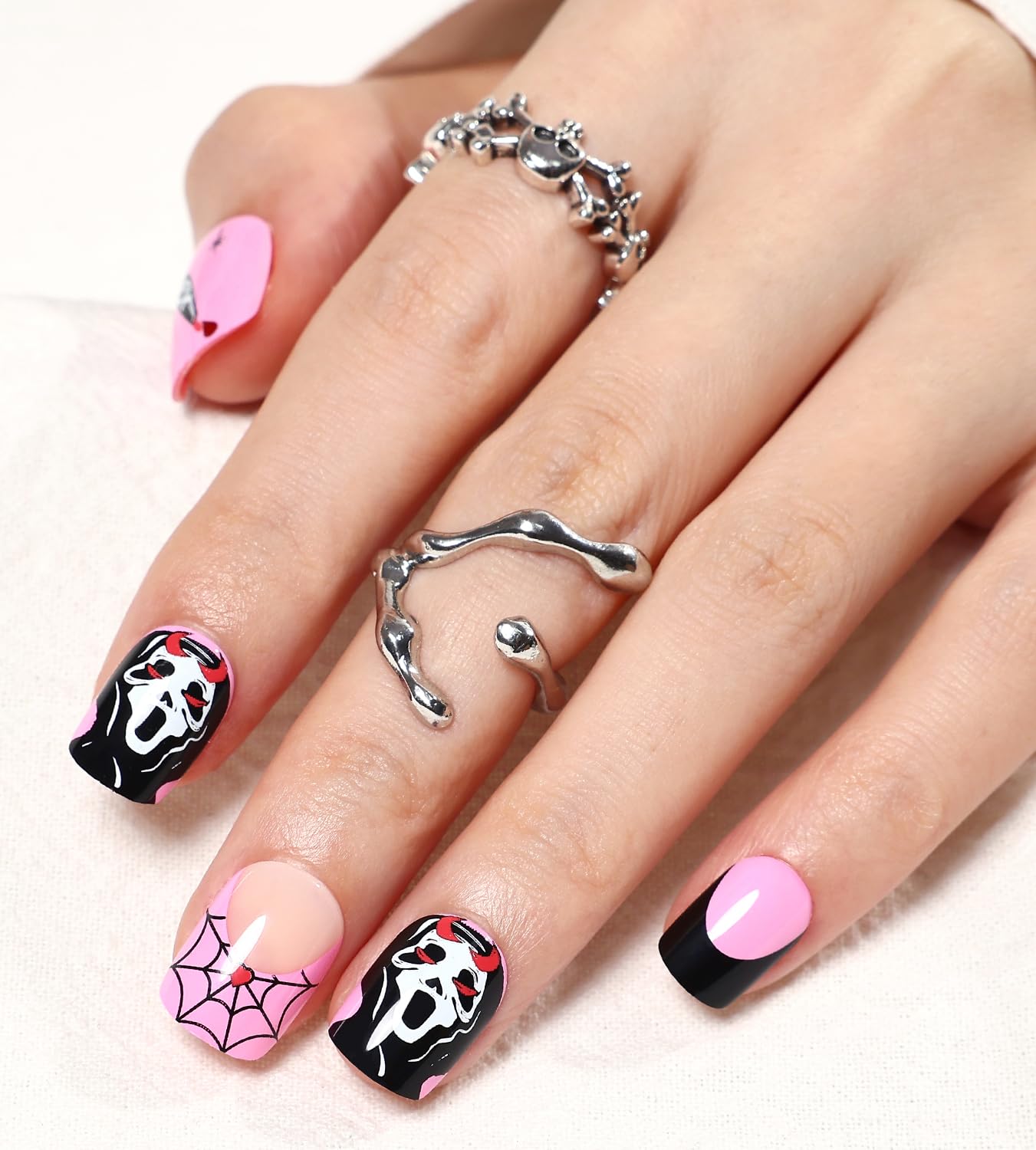 Artquee 24pcs French Tips Halloween Press on Nails Short Hot Pink Glossy Square Shape Fake Nail Art Spider Web Ghost Designs Full Cover False Nails Artificial Stick on Nails for Women Manicure Hot Pink Ghost