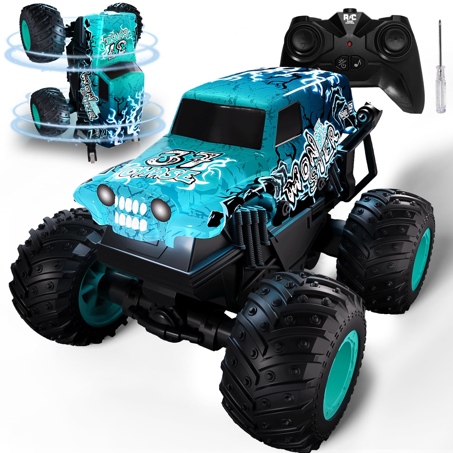 Halloween Monster Truck zdalnie sterowany, 1/20 Monster Truck z chodzeniem w pozycji pionowej i obrotem o 360°, 20 km/h, zdalnie sterowany samochód z oświetleniem LED i muzyką, zabawka na Halloween i