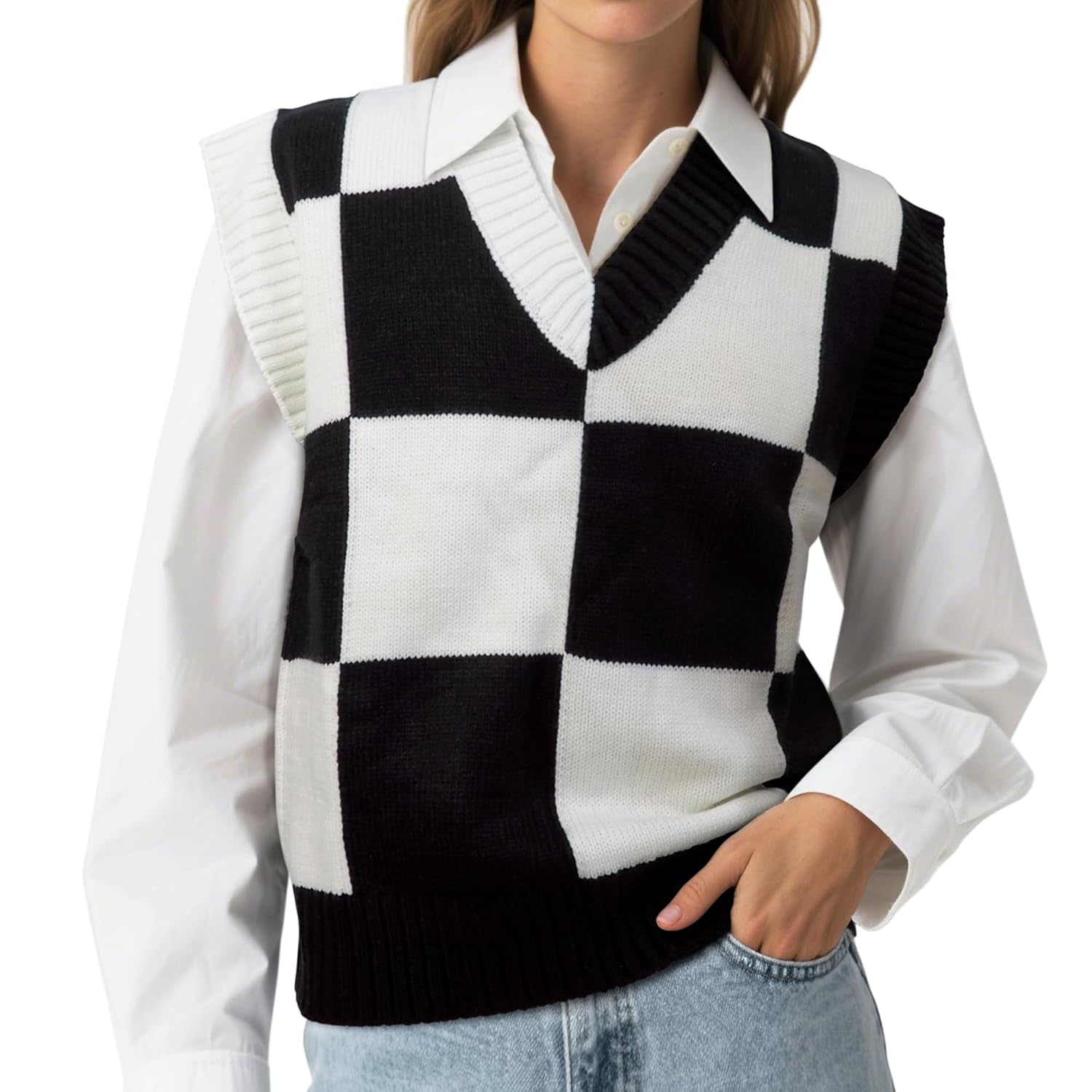 Womens Sweater Vest Y2K Sleeveless Pattern Preppy Style Knitted Crop Tank Top for Girl