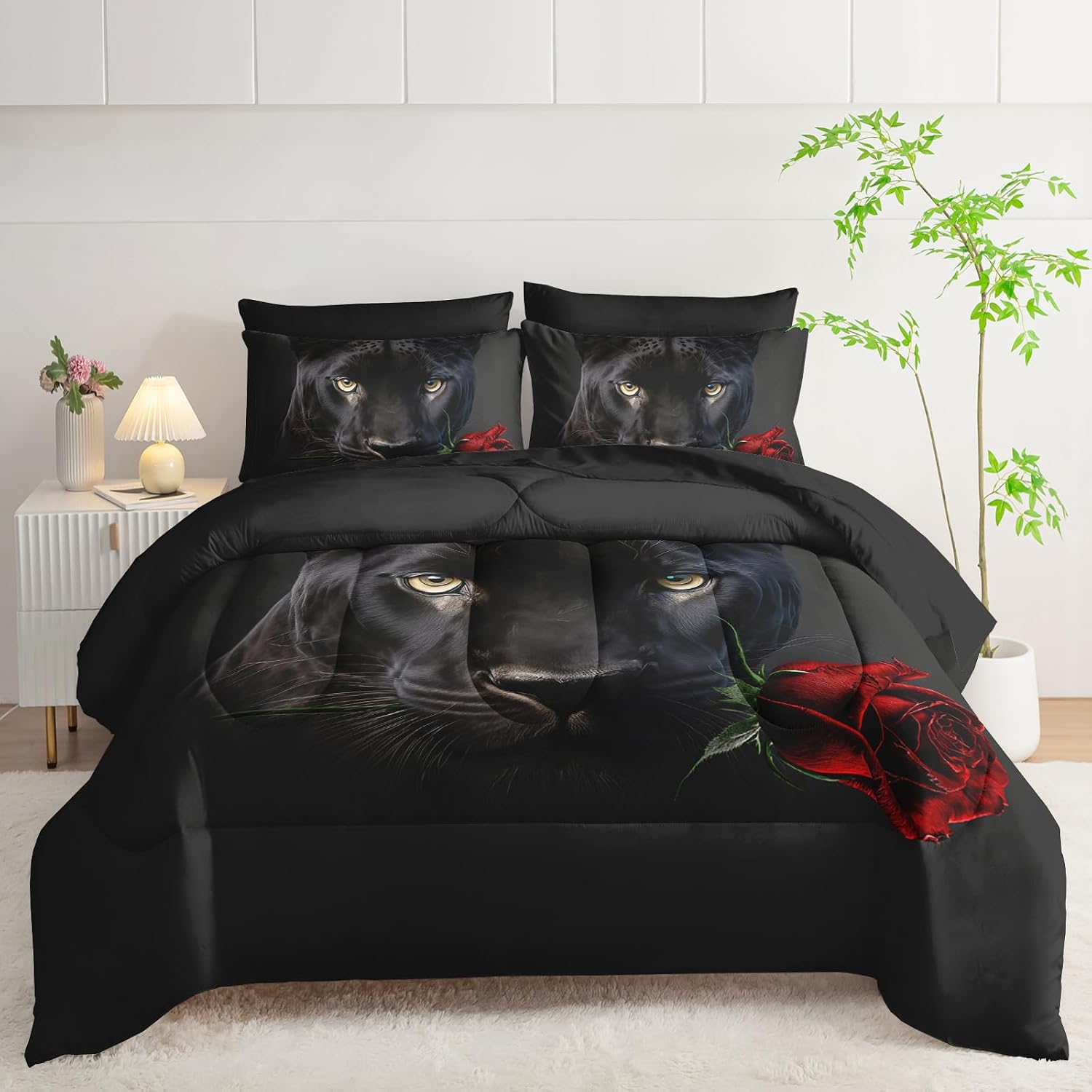 AILONEN Panther Comforter Set Queen Size,7-Piece 3D Black Leopard with Red Rose Bed in a Bag,Wildlife Themes Comforter & Fitted Sheet with Flat Sheet & 2 Pillowcases,2 Pillow Cases for Bedroom