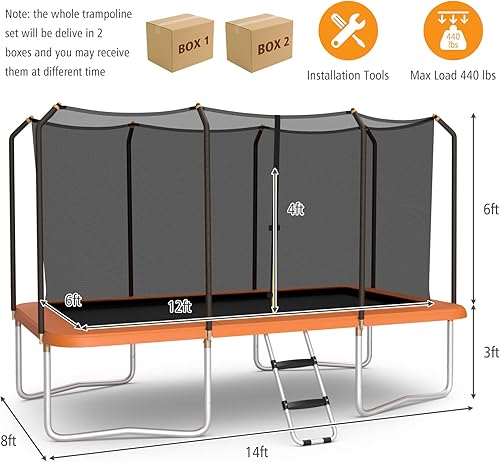 Miniatura 7 de Goplus Trampolín rectangular de 8 pies x 14 pies, trampolines recreativos con rodamientos de 440 libras con red de cierre y escalera antideslizante,