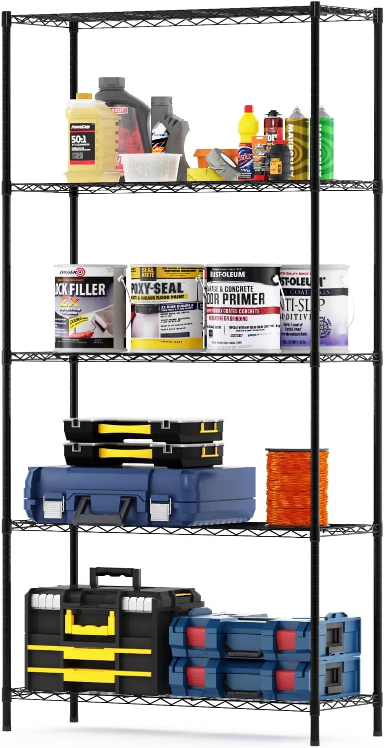 Furinno Wayar Metal Storage Shelf Rack, 5 Tiers, 36-Inch, Black