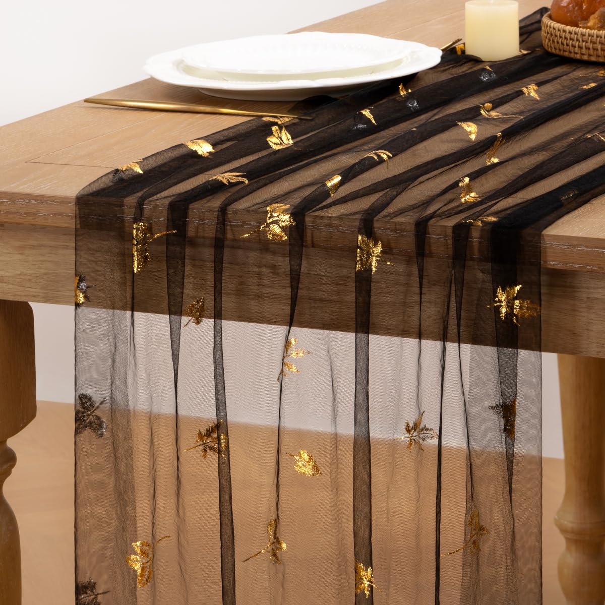MLMC Fall Maple Leaf Table Runner Black Sheer Gauze Foil Table Runner, 6PC