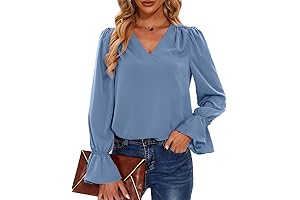 Women's V Neck Flowy Tops Long Sleeve Ruffle Casual Loose Blouse Chiffon Shirts