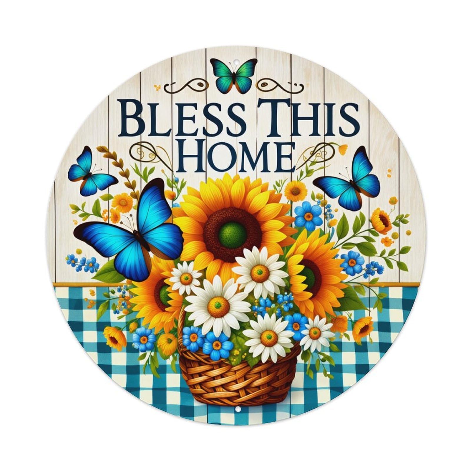 Floral Basket Butterflies Sunflowers Daisies Round Tin Sign Vintage Metal Poster, Home Bar Garage Man Cave Cafe Indoor & Outdoor Wall Decoration 8x8Inches